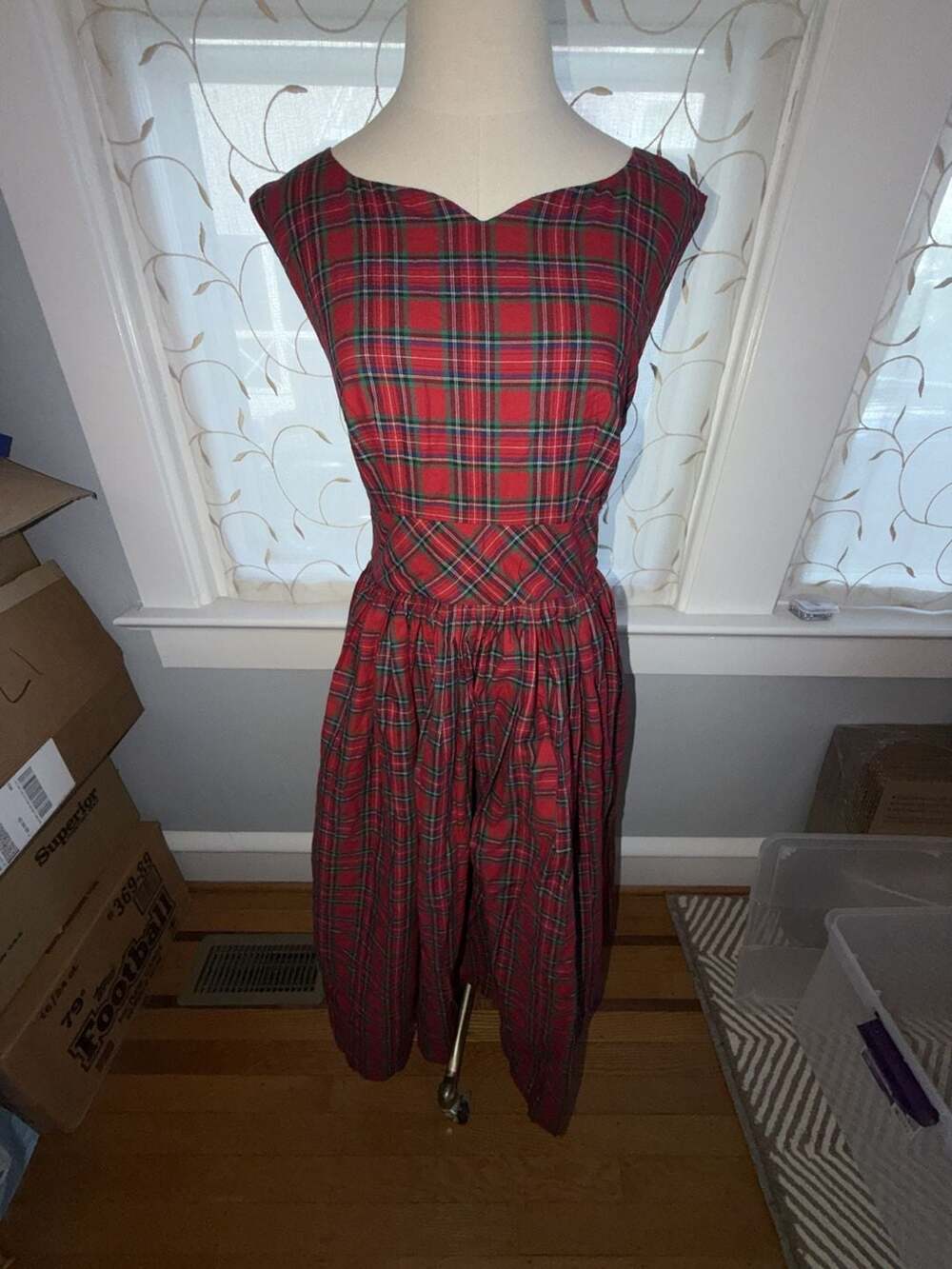 ModCloth Red Plaid Sleeveless A-line Midi Dress Size M